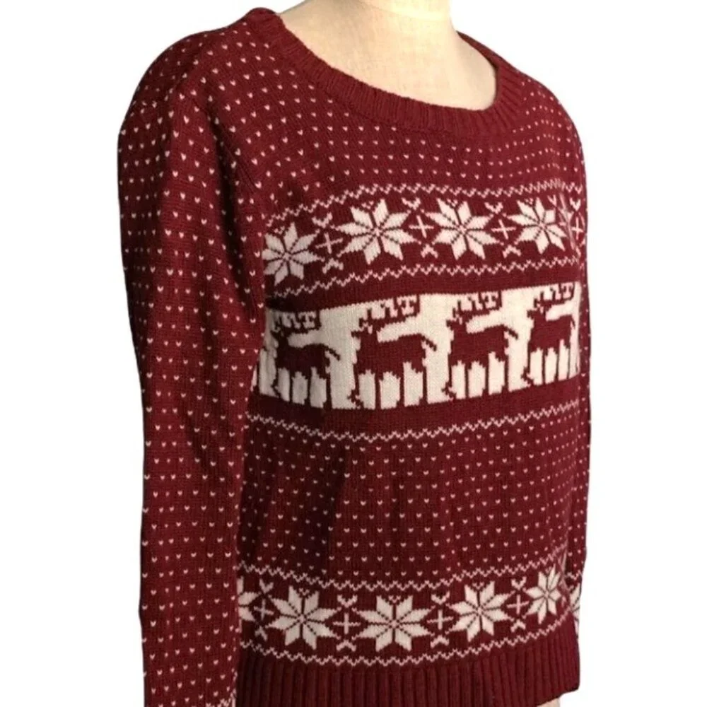 POL Maroon/Burgundy Red Reindeer Snowflake Fair Isle Sweater Sz L #216H - Picture 3 of 10